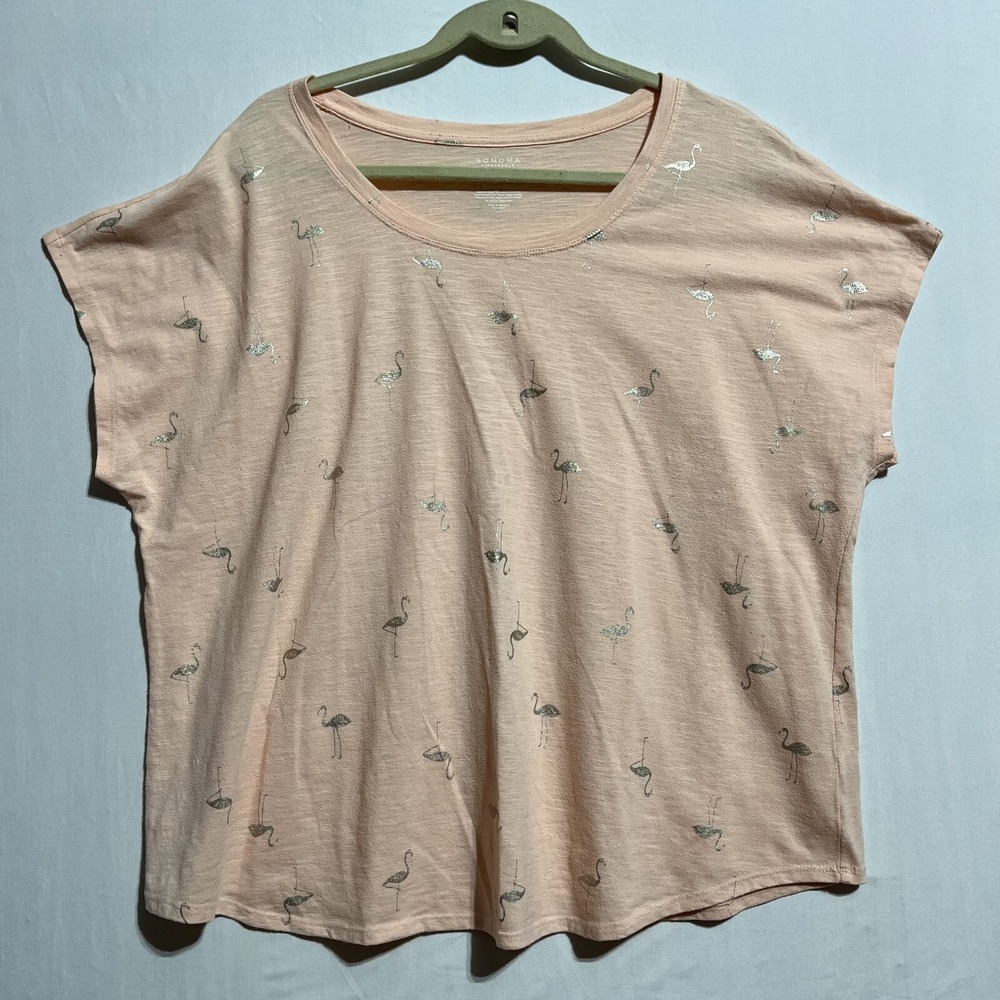 Sonoma Life + Style Blouse Top Womens 1X Peach Sleeveless Graphic Print Flamingo